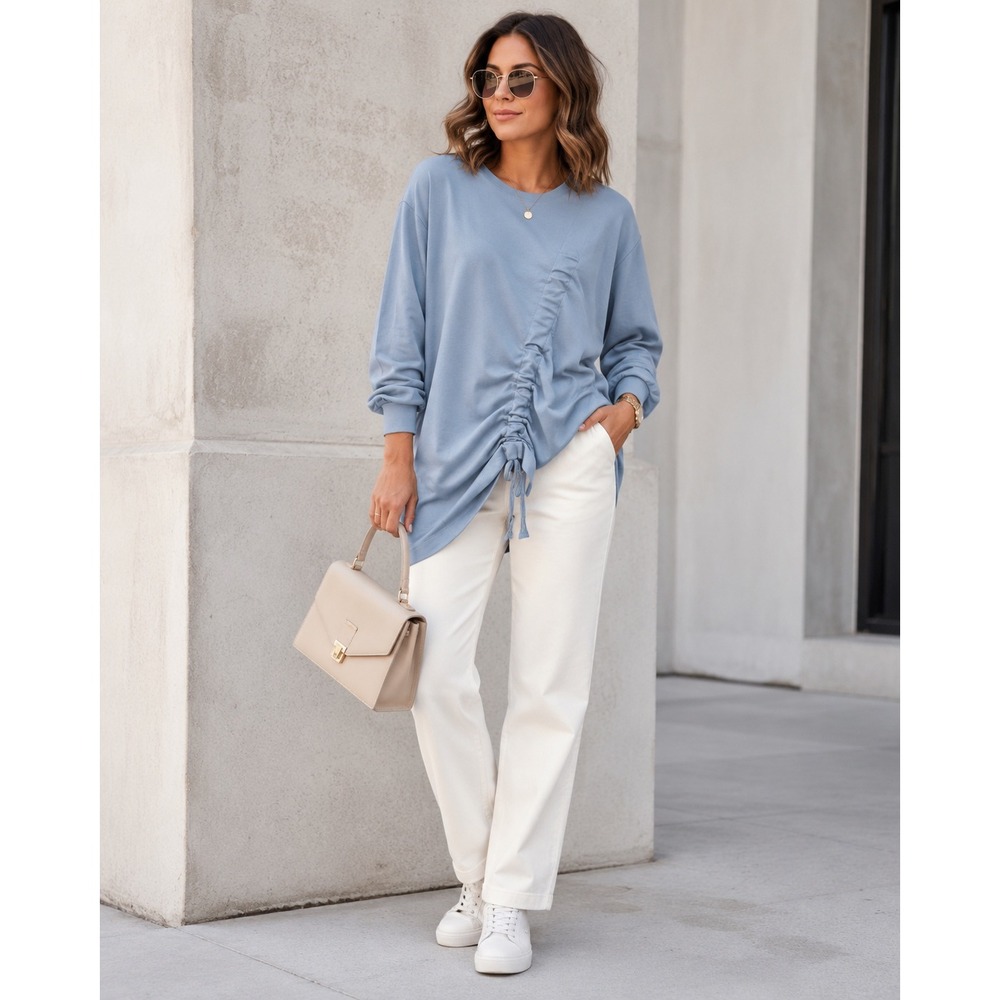Women Size 6 Powder Blue Ruched Drawstring Tunic Long Sleeve Scandi Minimalist